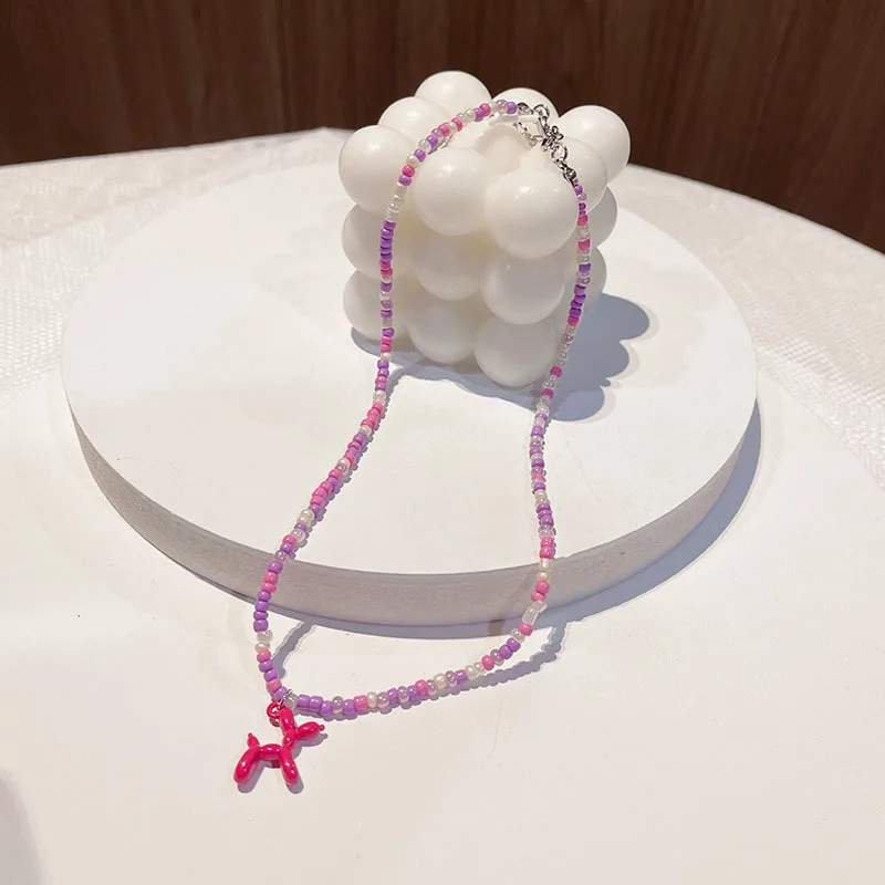 Colorful Beaded Chain Balloon Dog Pendant Necklace for Women Artisanal Bohemia Necklace Fshion Jewelry Gift