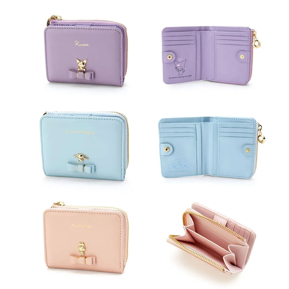 New Sanrioed Women's Casual Short Zipper Purse Kawaii Cinnamoroll Anime Kuromi Mymelody Card Bag Cute Girl's Wallet Coin Purse girl card holder cartoon bear earphone organizer zipper money bag coin purse cosmetic pouch mini wallet