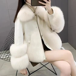 Faux Fox Fur Jacket for Women, Loose Mid-length Overcoat, PU Leather, Stitching, Warm Parka, Fashion, New, Winter, 2023