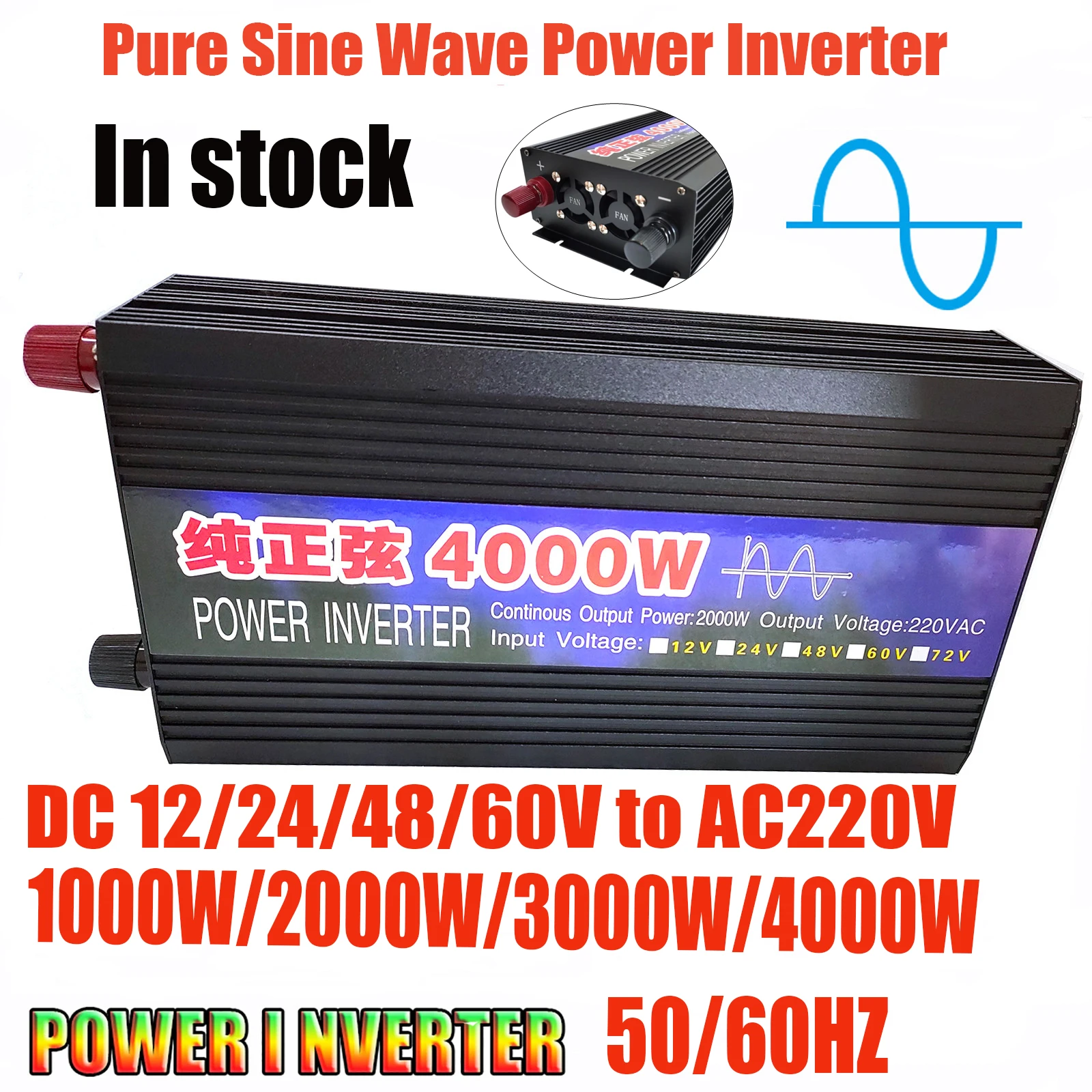 

1000/2000/3000/4000W Pure Sine Wave Inverter DC 12V To AC 220V 50Hz Voltage Transformer Converter Solar Off Grid Power Inverters