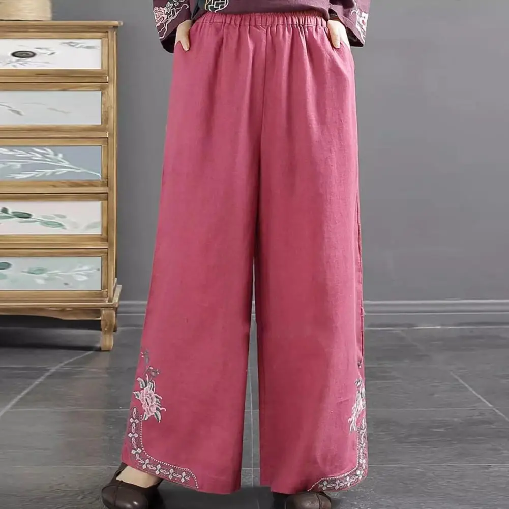 Women Cotton Linen Thin Casual Pants Fashion Ethnic Style Embroidery Wide Leg Pants Loose Hem Slit Ankle Length Trousers
