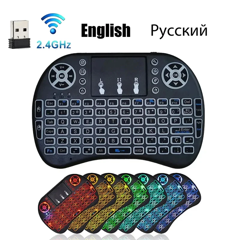 I8 미니 무선 키보드, 2.4G 에어 마우스 키캡 터치패드, 휴대용 리모컨, 영어 러시아어 백라이트, 안드로이드 TV 박스 PC용