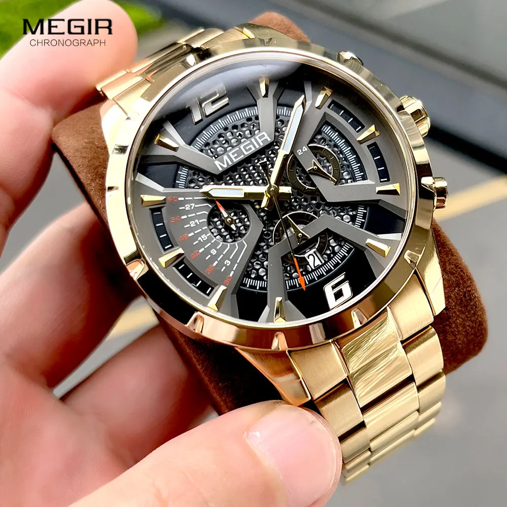 MEGIR Gold Dress Quartz Watch for Men Fashion Waterproof
