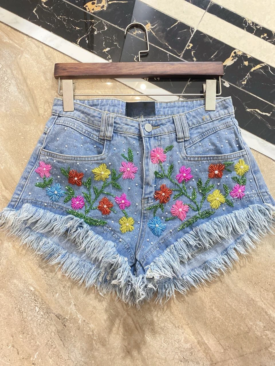 Feminine Flower Sequin Bead Jeans Fashion High Street 2024 Summer Hot Pants Denim Short Trousers Women's Trendy Pocket Shorts