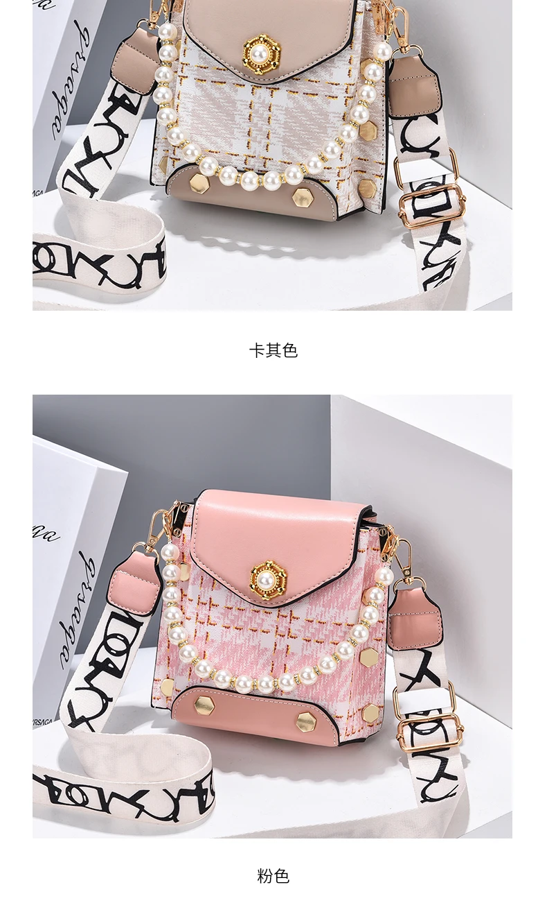 Mini Mit Nieten Decor Umhängetasche, frauen Plaid Muster Crossbody-tasche, Faux Perle Griff Klappe Geldbörse – Detail 15