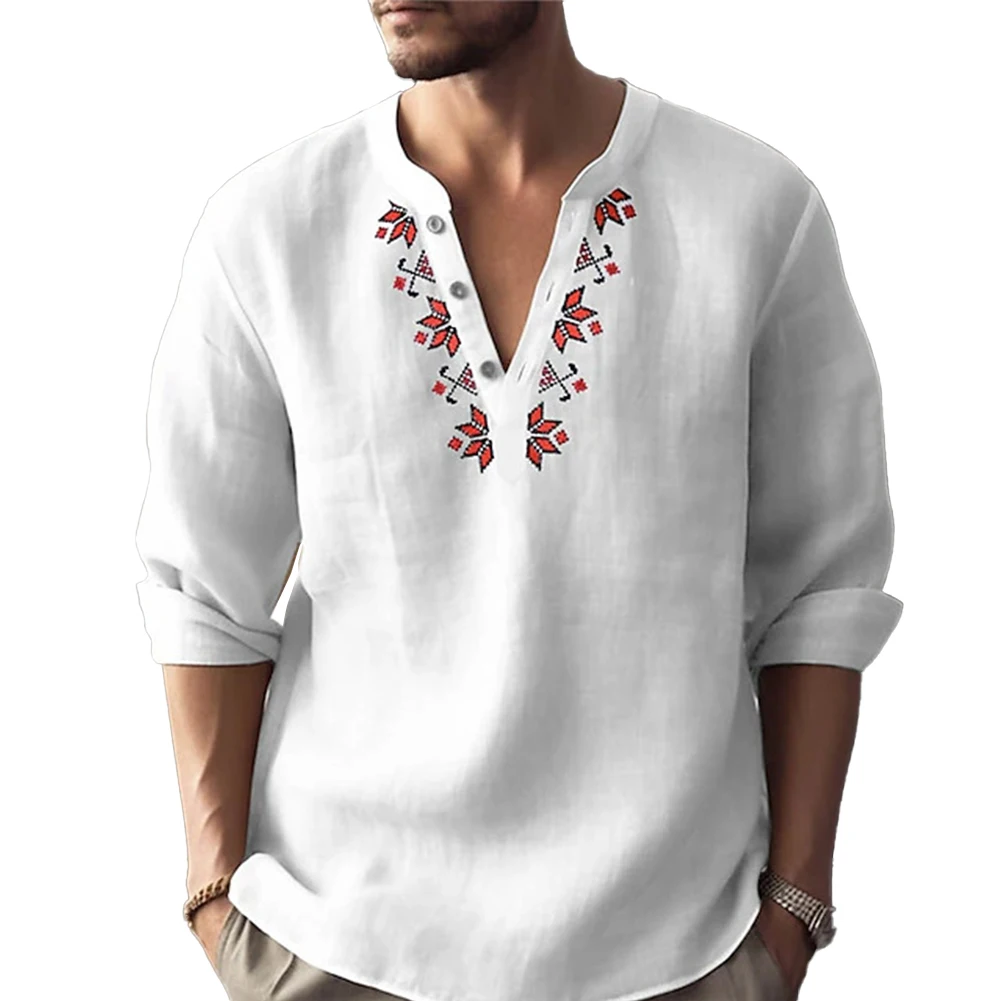 

Men Blouse Vintage Bohemian Printed Long Sleeve Casual Button-Down Shirt Blouse Loose Henley V-Neck Beach Tops Hawaiian T Shirts