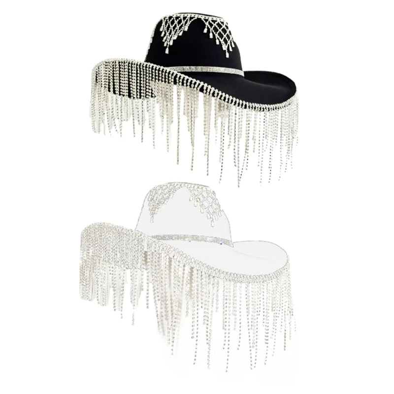 

Rhinestones Tassels Hat for Women Teens Girl Breathable Wide Brim BeachSun Hat Music Festival Hat Bachelorette Party Cap 28TF