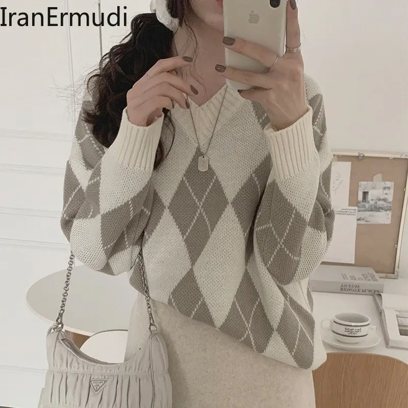 

IranErmudi Women Autumn Winter Sweater Lady Casual Loose Pullovers V Neck Long Sleeves 2022 Chic Korean Jumpers All Match Tops