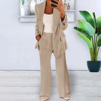 Women’s Sets Two 2 Pieces Sale Casual Pocket Single Button Blazer Jackets& High Elastic Waist OL Workwear Wide Leg Pant Suits