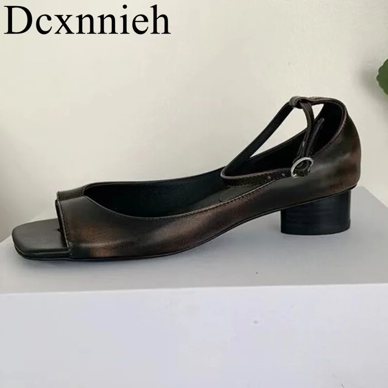

New Open Toe genuine Leather Casual Sandals Square Head Versatile Thick Heel Sandals Women's Summer Outdoor Vacation Beach Shoes