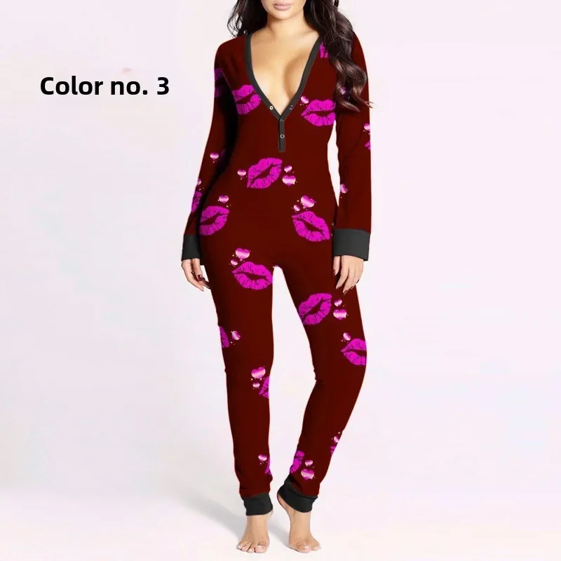 Spring and Summer Sexy Women's Pajamas Jumpsuit Printed Deep V Long-sleeved Loungewear Onesies for Adults Anime Pajamas