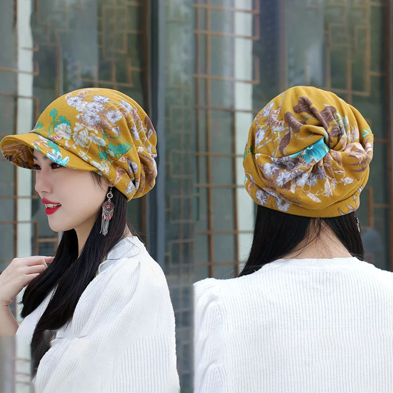 

Multifunctional Hat for Women Floral Print Scarf Ponytail Hole Elegant Outing Sunshade Cap Casual Polyester