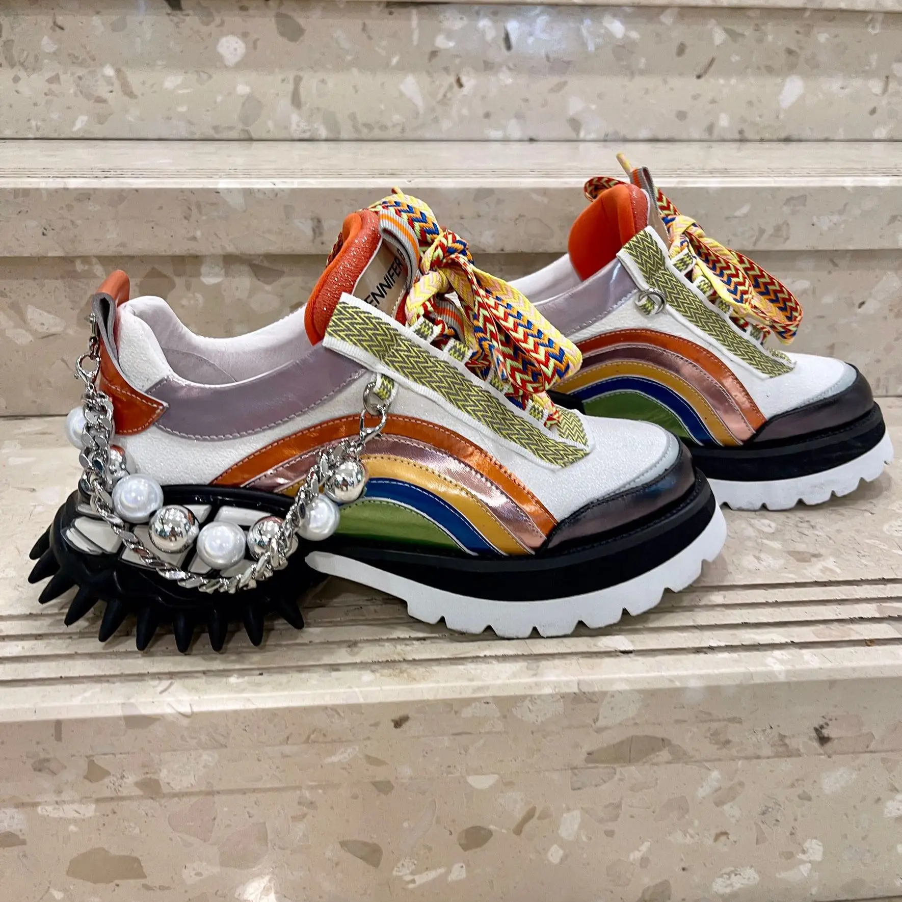 

Women Chunky Shoes Europe Station Genuine Leather Female Platform Sneakers 2023 Spring Autumn Ins Luxury Brand Designer Chain