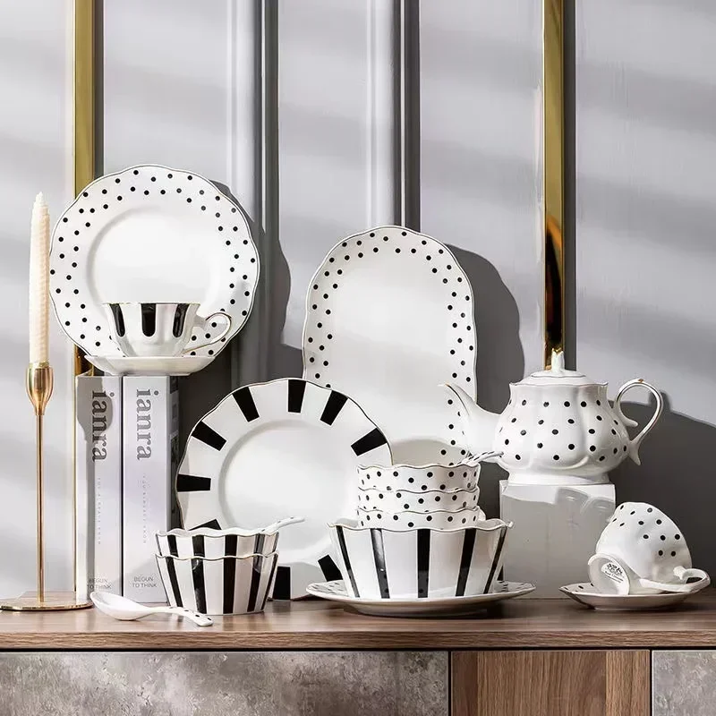 White With Gilt Porcelain Rim Plates For Dinner Food Service Dishes Soup Salad Bowl Ceramic Source Coffee Set Polka Dot Gifts