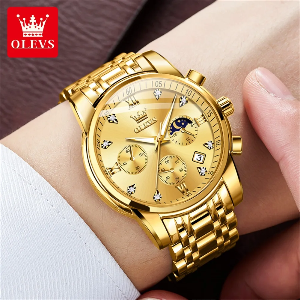 OLEVS Luxury Men's Quartz Chronograph Watch - Stainless Steel, Waterproof, Luminous, with Auto Date & Moon Phase