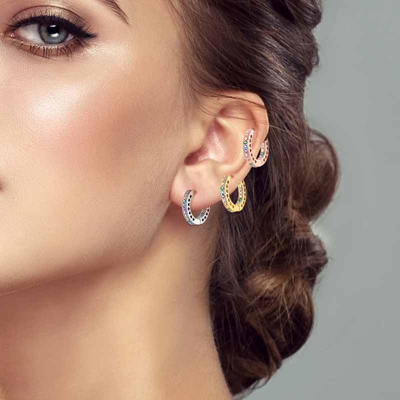 Silver Hoop Earrings 925 Sterling Silver 3 colors Pave Round Shape Geometry for Women Jewelry Wedding Engagement Birthday Gift