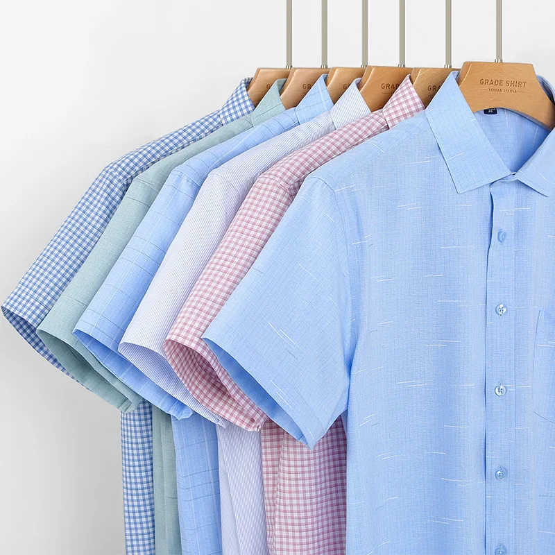 Men's Bamboo Fiber Shirt Short Sleeve New Arrival Summer with Pocket Check Pattern Business Casual Office Wear Plus Size 7XL 6XL 4