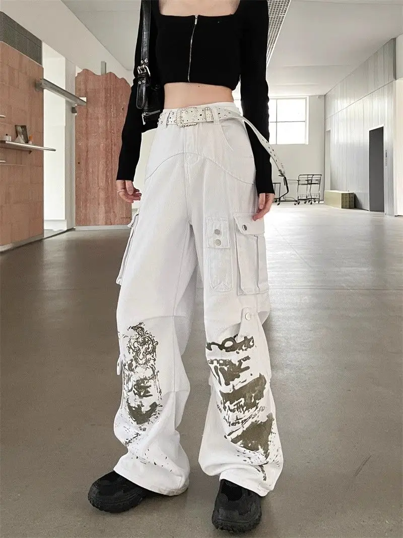 Overalls Multi-Pocket Pleated Women White Print Graphic Baggy Harajuku Oversize Denim Trousers Y2k Jean Pants Vintage Jeans