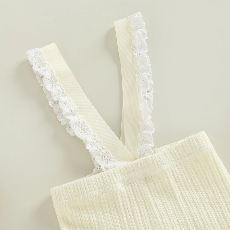 Infant Toddler Unisex Denim Overalls Adjustable Straps Sleeveless Jeans Jumpsuit with Lace Trim Detail