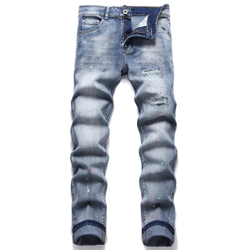 

Men's jeans ripped stick cloth cotton trousers small straight mid-waist men's trousers simple fashion jeans