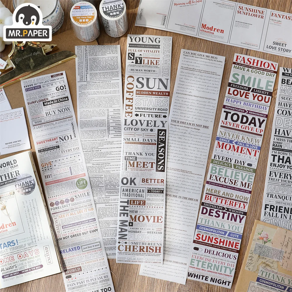 Mr.paper 6 Styles 1roll Simple English Phrase Washi Tape Personality Literary Hand Account Decorative Material Sticker Tape