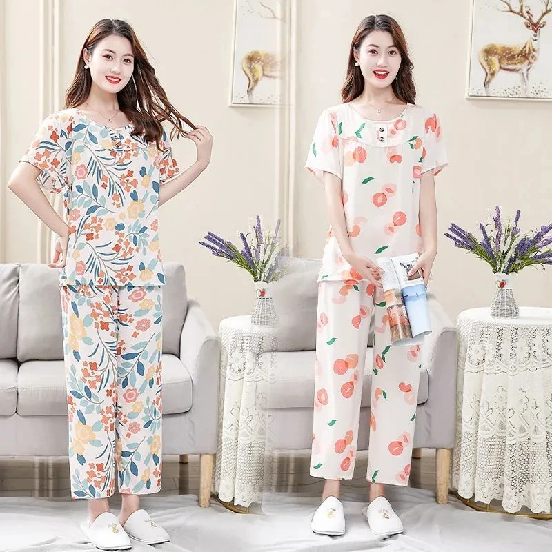 

Pajama Women's Summer Thin Cotton Silk suit Loose Young Short-Sleeved Home Clothes Middle-Aaged Mother nine Pants Two-Piece Suit