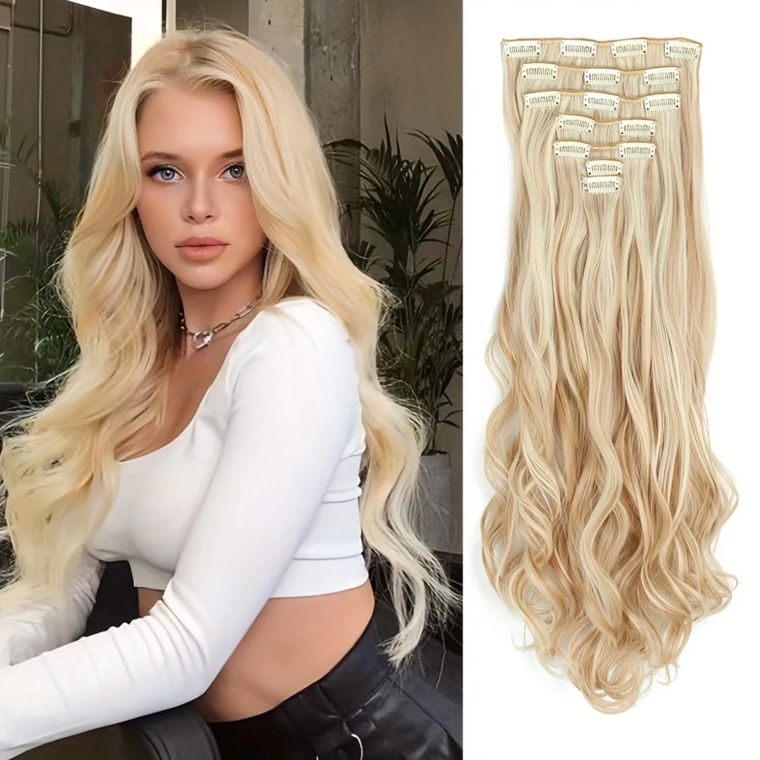 Clip In Hair Extensions 7PCS Full Head 22 Inch Long Curly Wavy Synthetic Hair Pieces Natural Wavy For Women Girls hair extensions