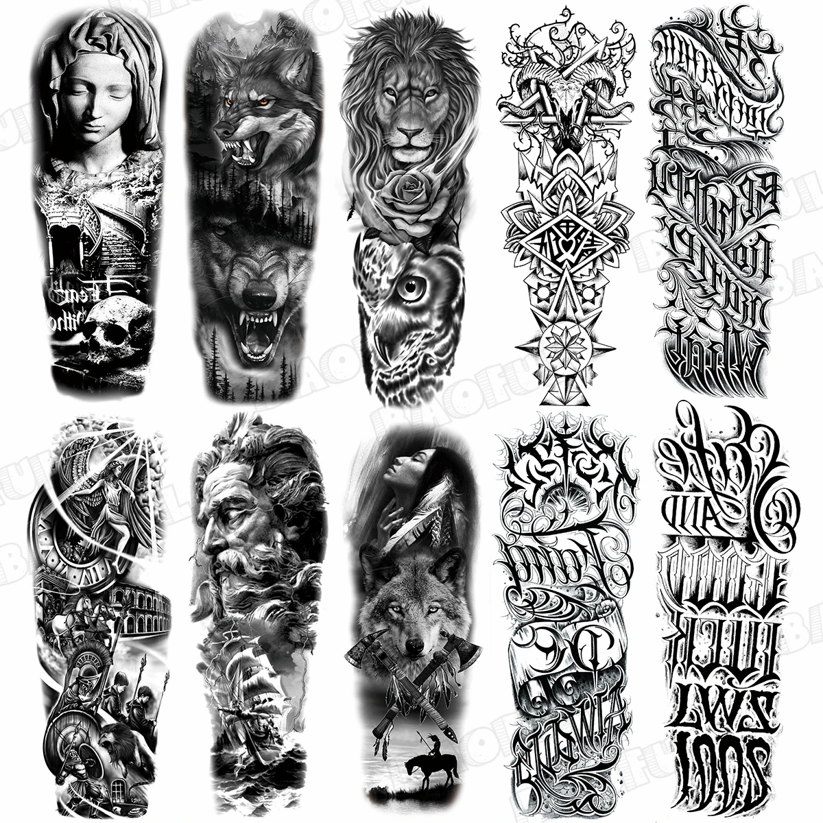 

Arm Sleeve Temporary Tattoos For Women Men Realistic Wolf Lion Rosette War Maori Flower Fake Tattoo Stickers Sexy Thigh Tatoos