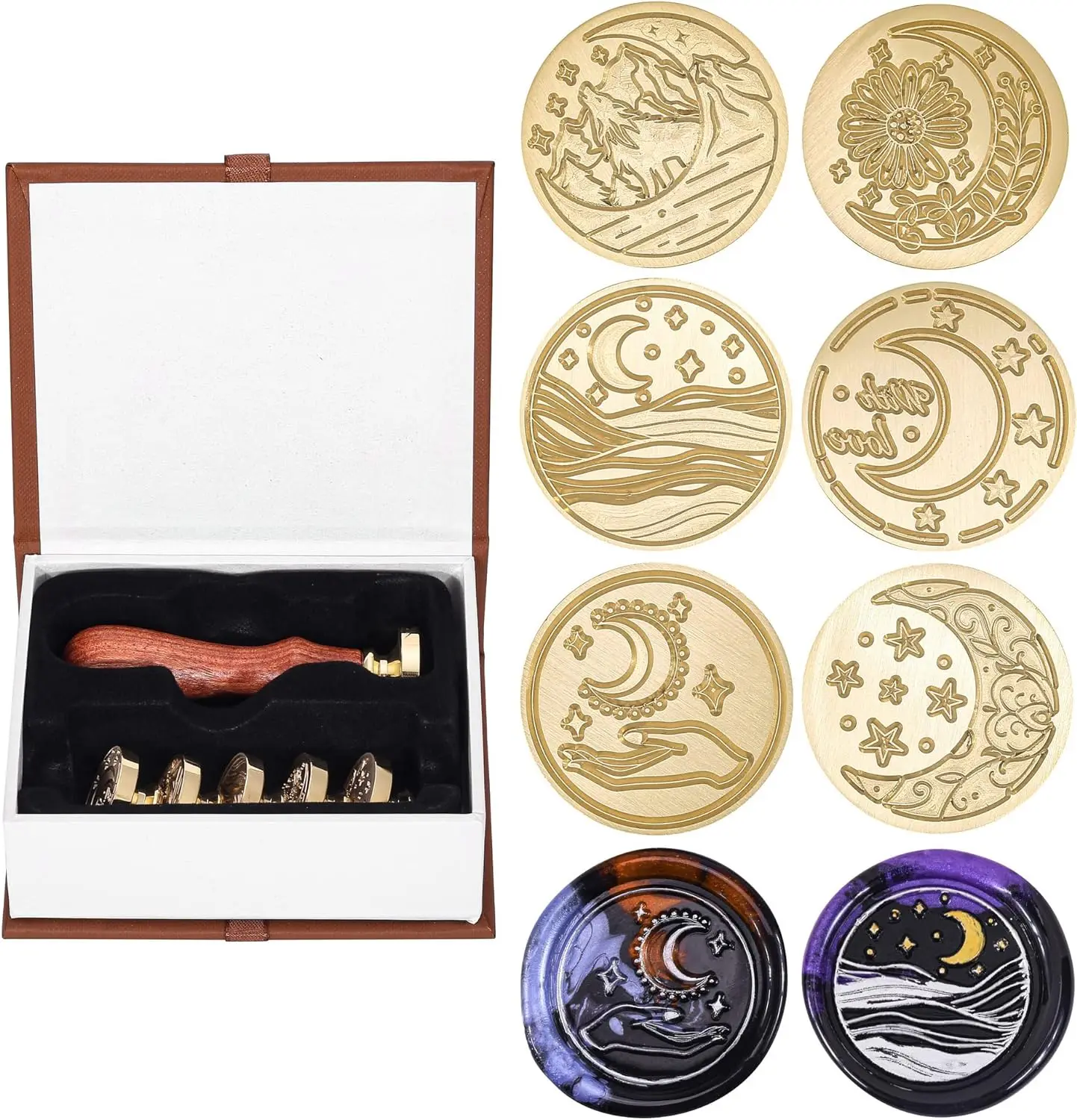 

6 Pieces Moon Series Wax Seal Stamp Set, Vintage Sealing Wax Stamp Heads with Gift Box for Wedding Invitation, Christmas, Gift