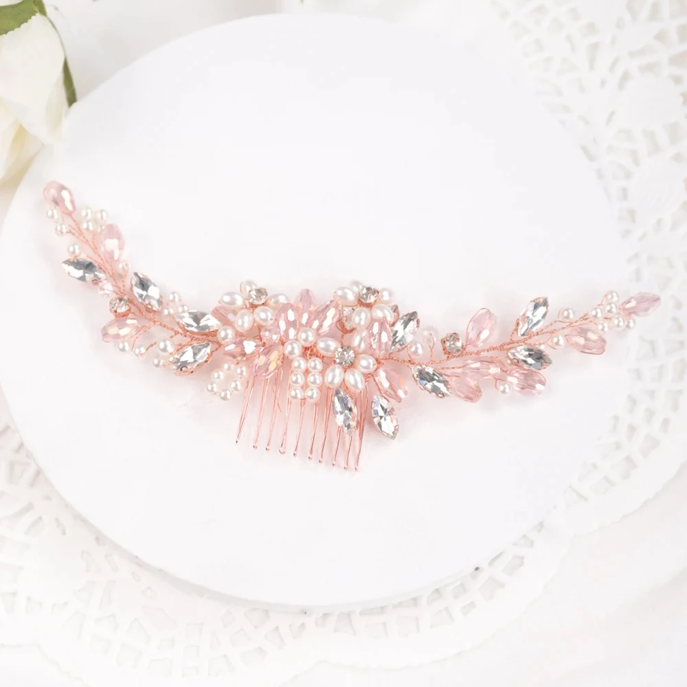 Pink Crystal Rhinestones Hair Comb Pink Wedding Head Jewelry Bridal Hair Accessories Women Tiara Handmade Ornament Headpiece