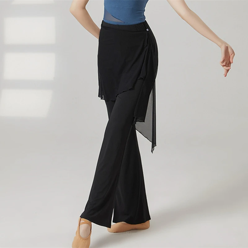 Dance Pants Women Long Microflared Latin Trousers Mesh Wrap Skirt Classical Practice Costume Stage Line Dancewear