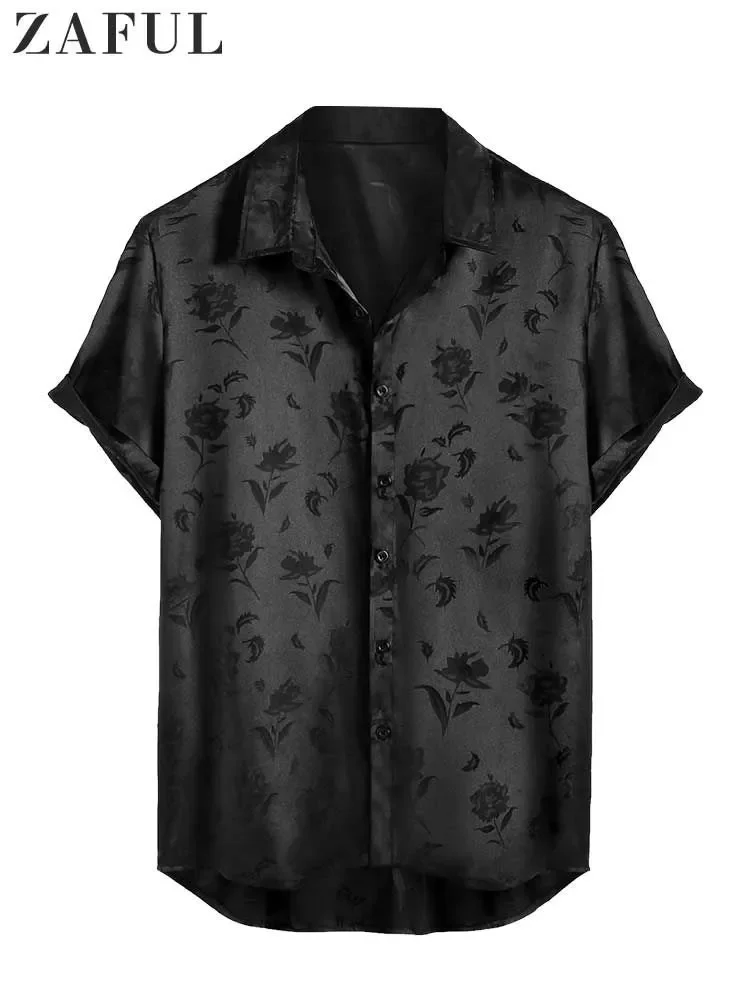 ZAFUL Satin Shirts for Men Jacquard Rose Printed Silky Short Sleeve