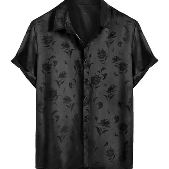 ZAFUL Satin Shirts for Men Jacquard Rose Printed Silky Short Sleeve Shirt Summer Streetwear Button Blouse Tops Z5022014