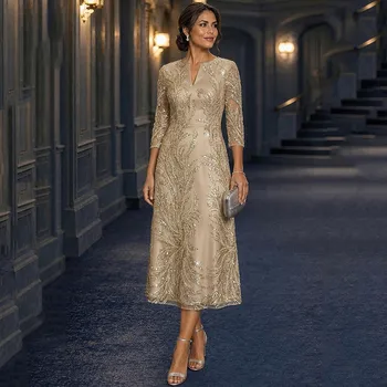 Abito Personalizzato per la Madre della Sposa, Scollo a V, Elegante, Vintage, Lussuoso, Formale, per Ospiti di Matrimonio, in Pizzo con Perline e Applicazioni di Paillettes