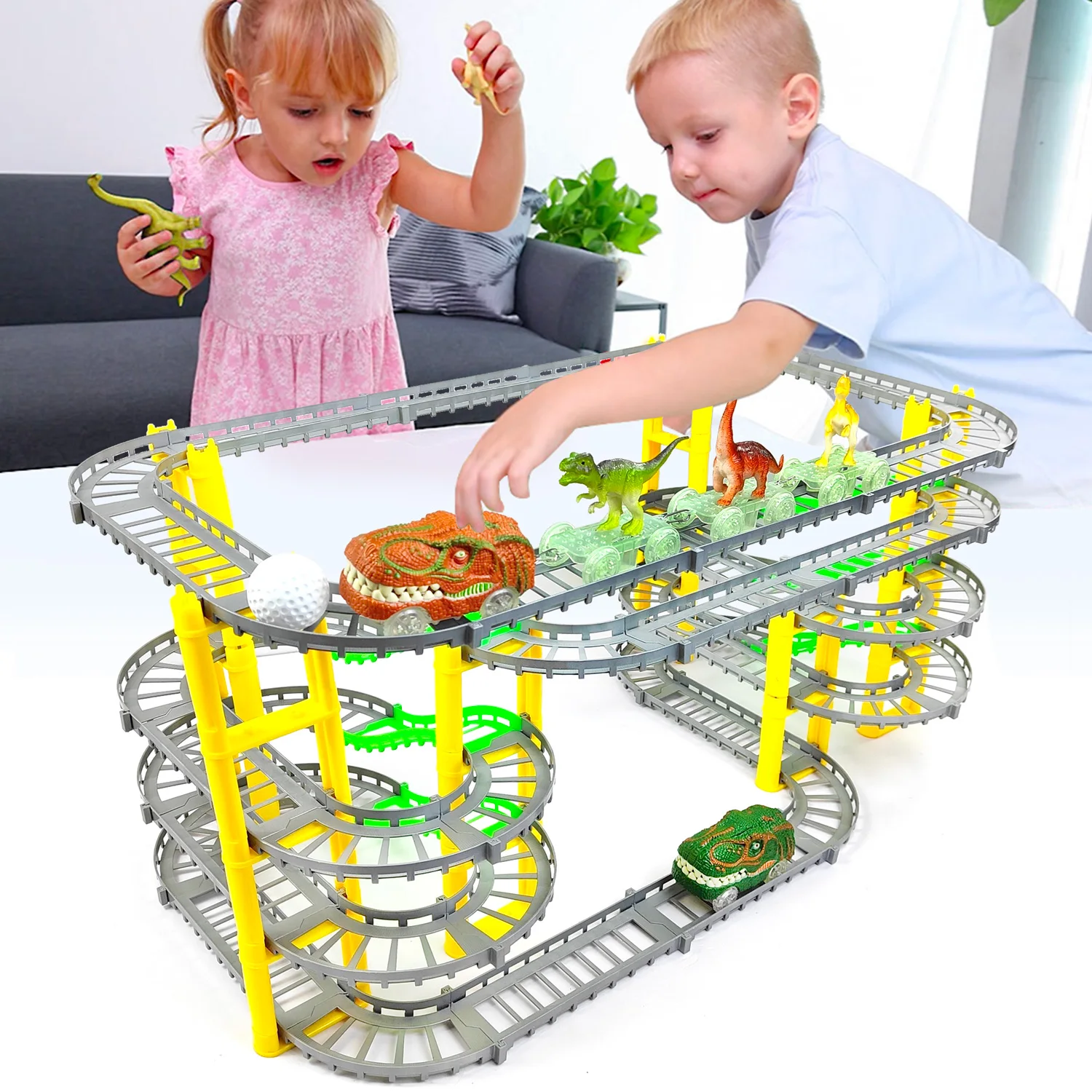 Adventure Tour of Train Dinosaur World Track Cars For Boy luminous Train Track with LED Light-Up Race Car Set Gift for Kid