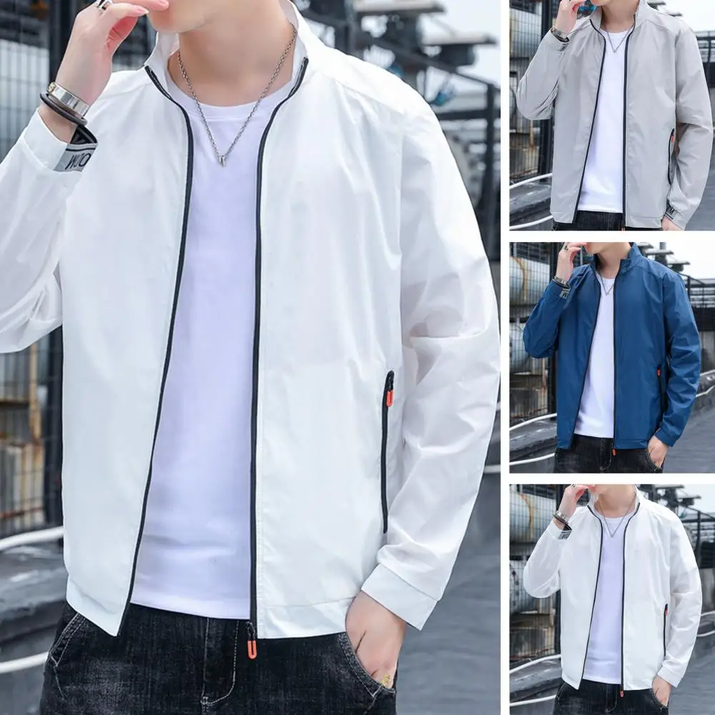 남성용 바람막이 코트, 긴팔 포켓 지퍼, 단색 스탠드 업 칼라, 탄성 커프, 자외선 차단 코트, 남성 의류