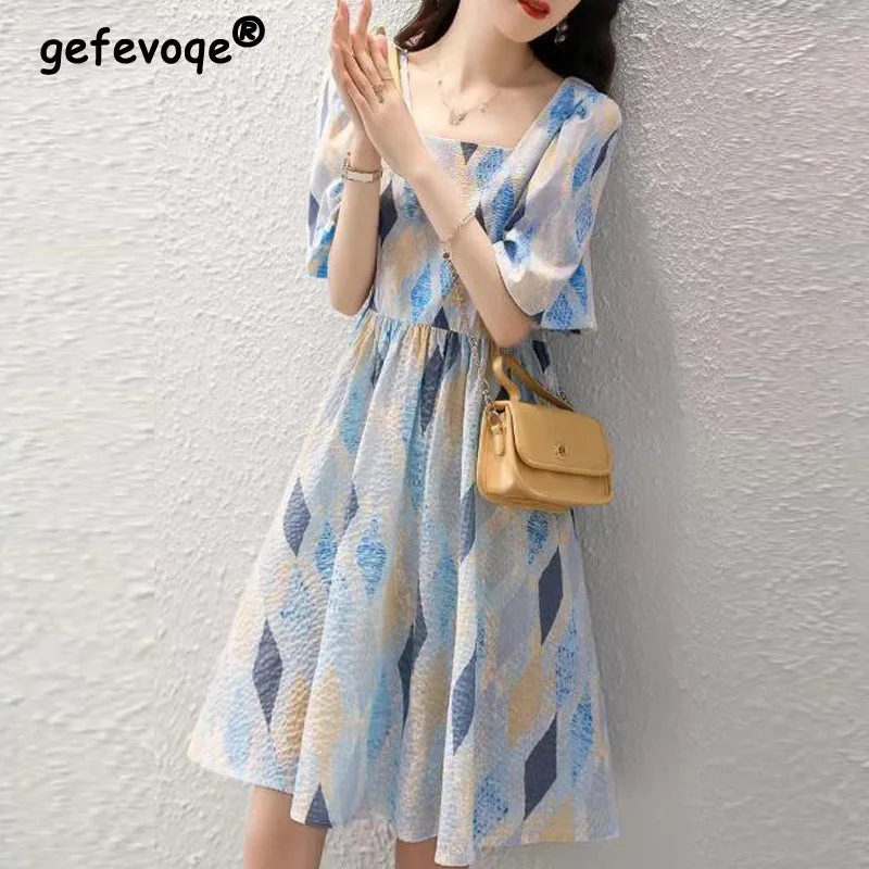 세련되고 우아한 프릴 프린트 미디 캐주얼 드레스 여성용, 짧은 소매, 프랑스 패션, 짧은 레이스 업 슬림 드레스, 여성 의류