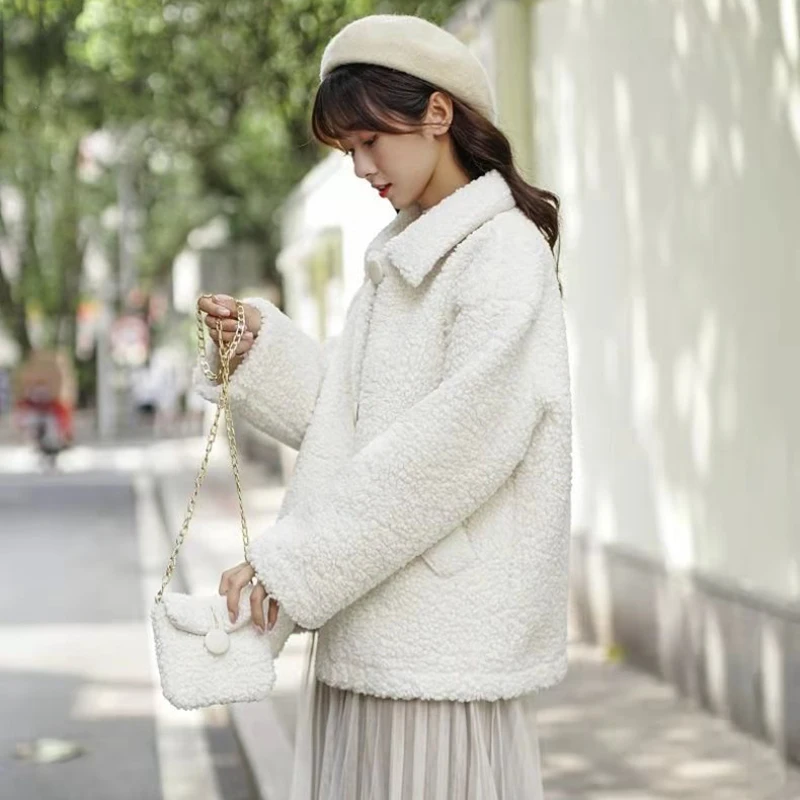 Faux Fur Thicken Coat with Bag for Women Warm Soft Loose Lamb Fur Jacket Female  Winter Kawaii Button Plush Overcoat Cute