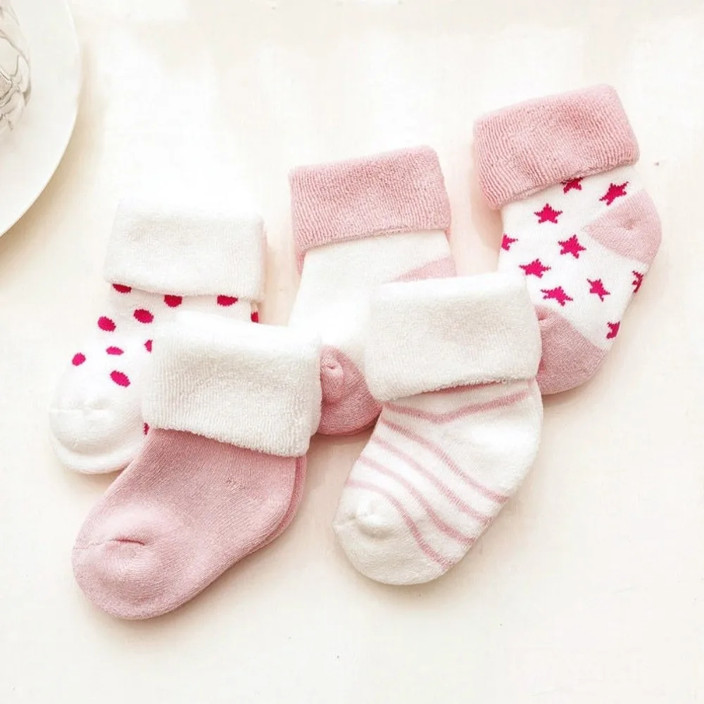 5 Pairs New Cotton Short Socks Non-Skid Design Pink Blue Floor Stocking Polka Dot Stars Breathable Winter Socks Infant Wear