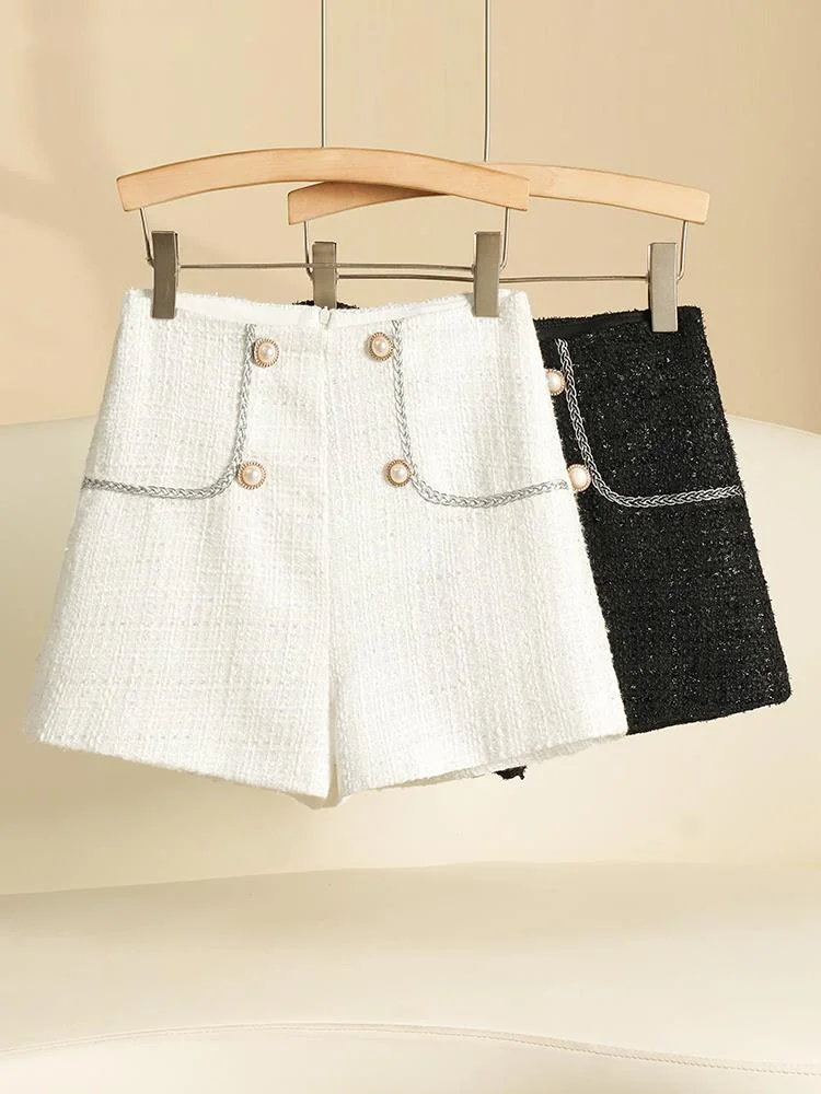 

Women Tweed High Waist Buttons Vintage A-line Shorts Casual Office Short Pants Women Chic Woolen Shorts 2024 Spring Summer