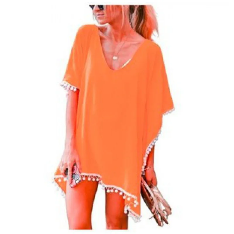 

2023 Spring Summer Seaside Holiday Beach Blouse Casual Breathable Solid Color Chiffon Fringed Women Beach Skirt Blouse Orange
