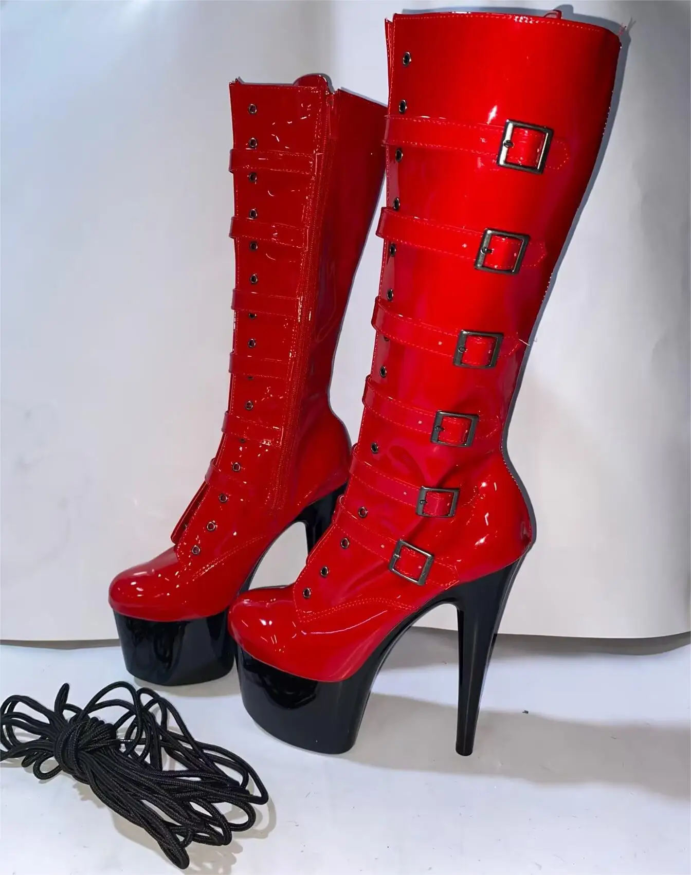 20 cm high heel boots, sexy buckle, black paint platform boots, club fashion women high dance shoes