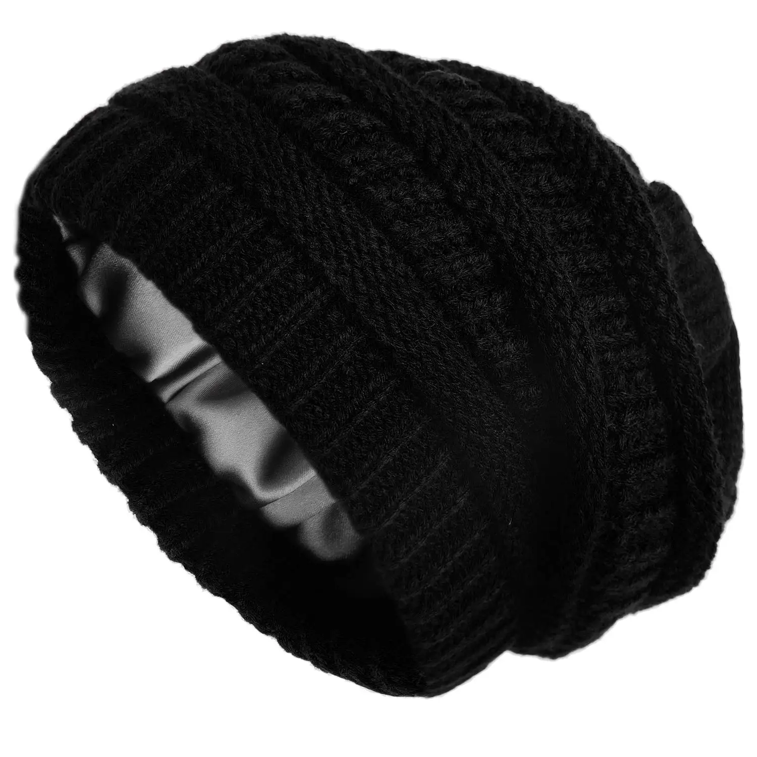 Fashion Women Winter Beanie Caps Satin Lined Striped Knit Hats Solid