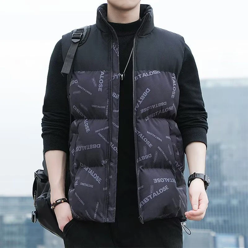 Autumn Winter Stand Collar Printing Loose Casual Warm Vest Men Sleeveless Zipper All-match Cotton Coat Male Oversized Tank Tops