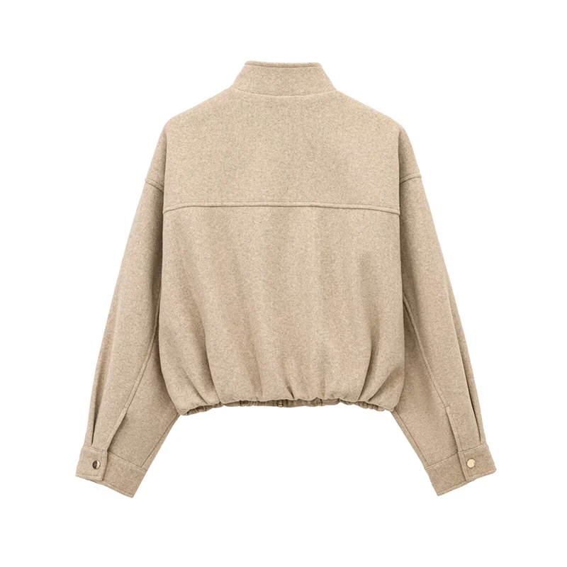 Vintage Women's Khaki Bomber Jacket Stand Collar Zipper Pocket Long Sleeve Short Coats Female 2025 Spring Thick Warm Outwear New