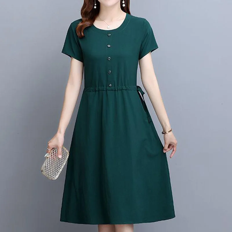 Modal Cotton Elegant Round Neck Lace Up Decoration Summer Solid Color Pockets Patchwork Button Middle Length A-line Dress Female