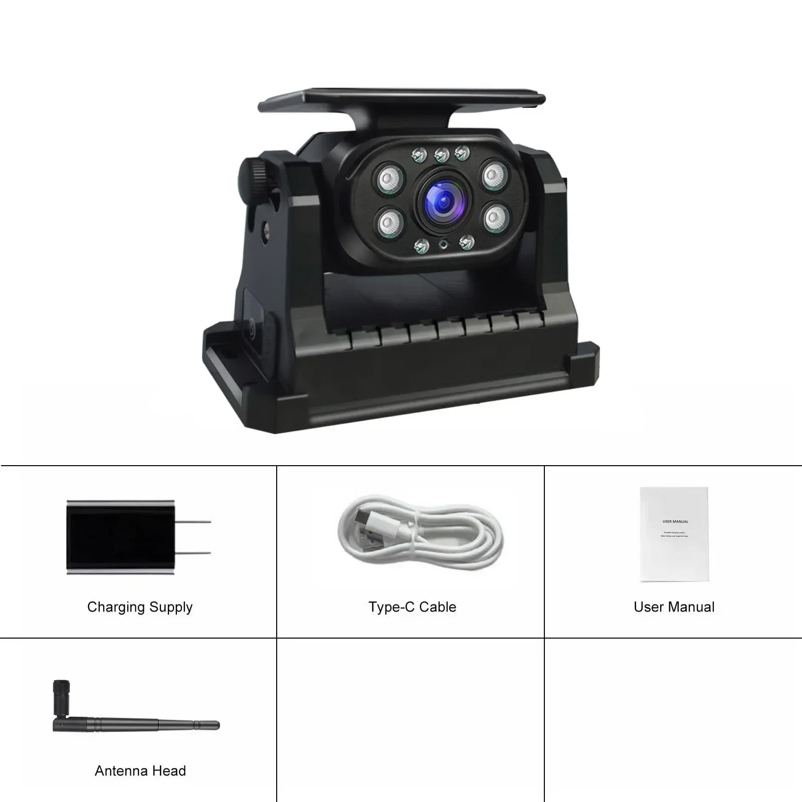 Complete package with camera, antenna, charger and cables