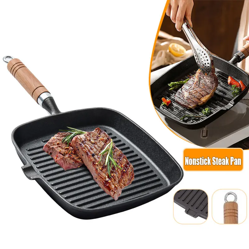 

22cm/24cm Steak Skillet Frying Pan Nonstick Versatile Griddle Pan with Pour Spouts Cast Iron Fried Steak Grill Pan Cookware