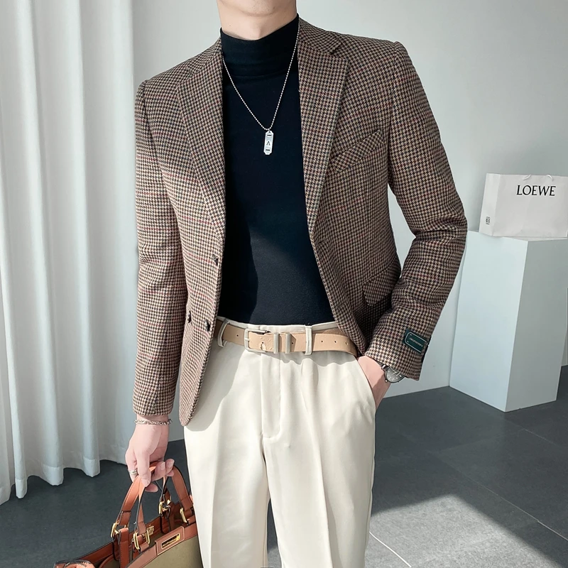 

Fashion Houndstooth Suit Jacket Men Clothing Korean Latest Design Coat Office Business Casual Classic Dress Blazers Streetwear