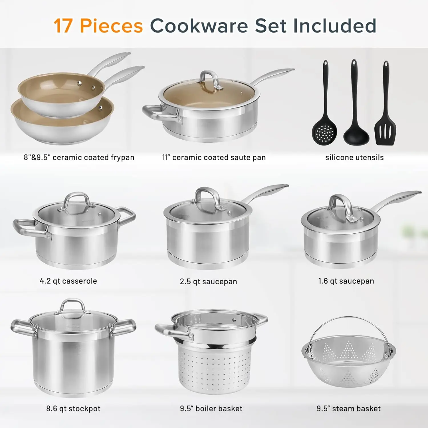 Professional Stainless Steel Induction Cookware Set, Stainless Steel Ceramic Nonstick Pan Set, Impact-bonded Technol 6